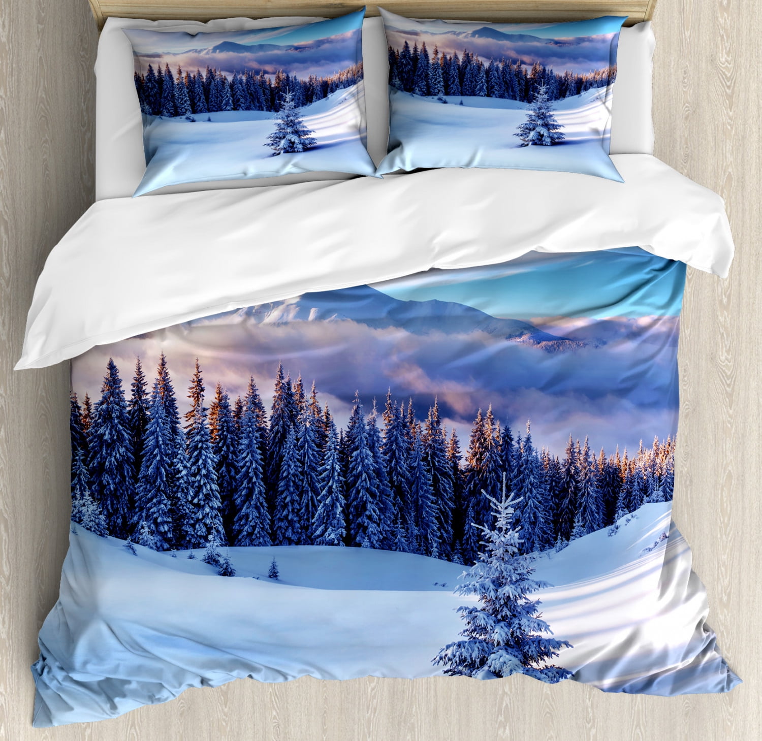 King Size Blue and White Winter Scenery Duvet Cover Set