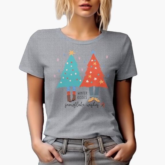 Winter Kisses, Snowflake Wishes with Hand Drawn Christmas Trees Art Merch Gift, Heather Grey T-Shirt, XL