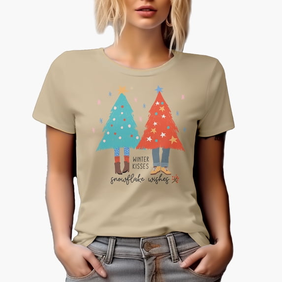 Winter Kisses, Snowflake Wishes with Hand Drawn Christmas Trees Art Merch Gift, Tan T-Shirt, Large