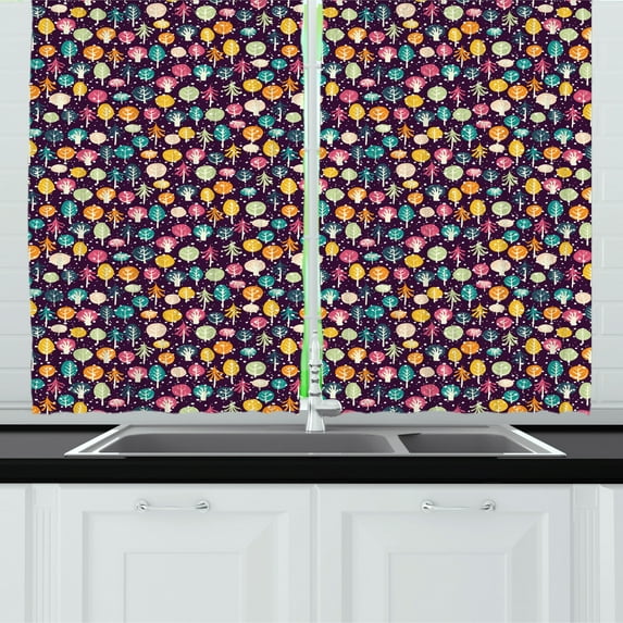 Winter Kitchen Curtains, Continuous Pattern Colorful Happy Forest Cold Season Frost Weather, Two Panels Drapes with Rod Pocket Room Decor, 55" X 45", Dark Purple and Multicolor, by Ambesonne