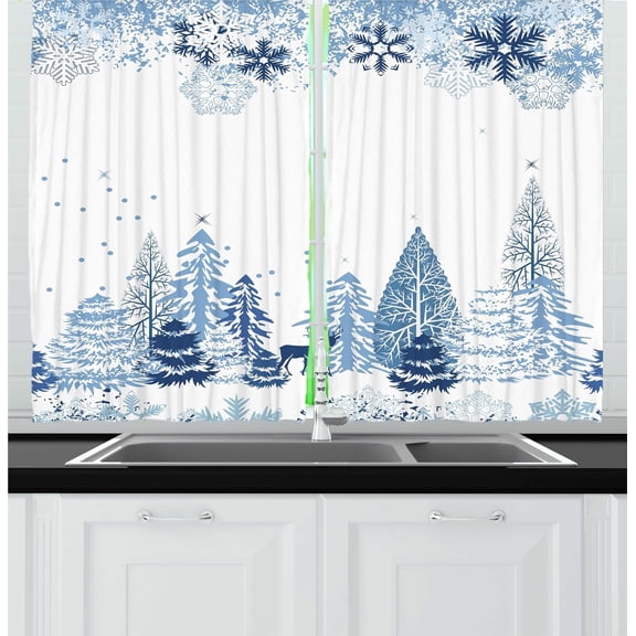 Winter Kitchen Curtains, Winter Scene with Deer Frozen Trees and Snow Christmas Season Pine Trees Bushes, Window Drapes 2 Panel Set for Kitchen Cafe Decor, 55" x 36", Blue White