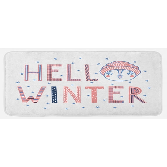 Winter Kitchen Mat, Hello Winter Typographic Text with Funny Face in a Hat Surrounded by Snowflakes, Plush Decorative Kitchen Mat with Non Slip Backing, 47" X 19", Multicolor, by Ambesonne