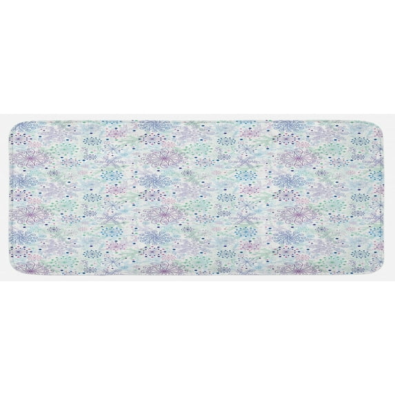 Winter Kitchen Mat, Pastel Colored Cheerful Composition Abstract Snowflakes and Curls, Plush Decorative Kitchen Mat with Non Slip Backing, 47" X 19", Blue Green Lavender, by Ambesonne