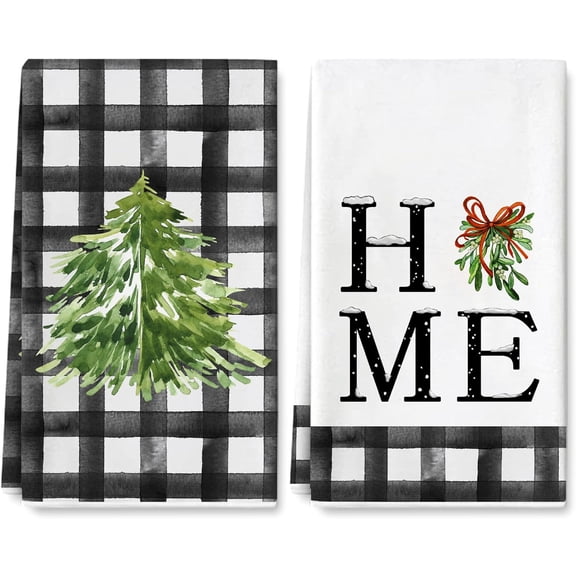 Winter Kitchen Towel 18 x 26 Inch Watercolor Christmas Tree Dishcloth Rustic Black White Plaid Hand Drying Tea Towel for Cooking Baking Cleaning Wiping, 2Pcs