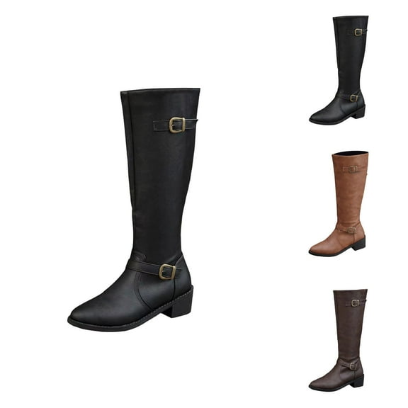 Winter Knee High Boots for Women, British Style Leather Long Boots with Belt Buckle and Side Zipper, Warm Non- Riding Boots for Fall & Winter