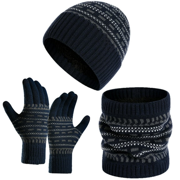Winter Knit Beanie Hat Scarf for Men Women Thermal Glove Neck Gaiter Set Navy Blue