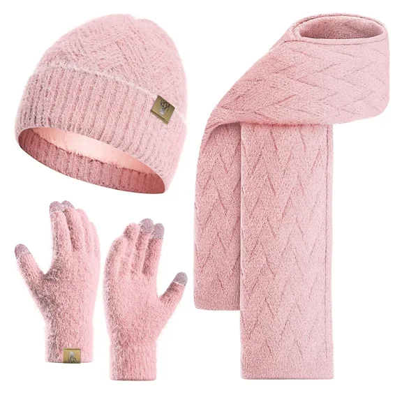 Winter Knit Beanie Hat Scarf for Women with Touch Screen Gloves Set with Skull Caps Neck Warm Scarves for Women 3PCS/Set