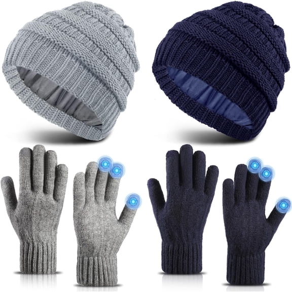 Winter Knit Beanie Hat Touchscreen Gloves Set, Soft Slouchy Skull Cap Gloves Set for Men Women Cycling Biking, 2 Sets