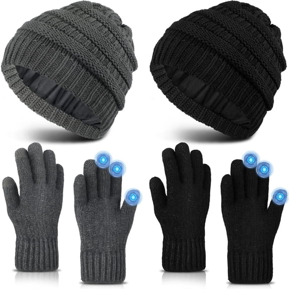 Winter Knit Beanie Hat Touchscreen Gloves Set, Soft Slouchy Skull Cap Gloves Set for Men Women Cycling Biking, 2 Sets