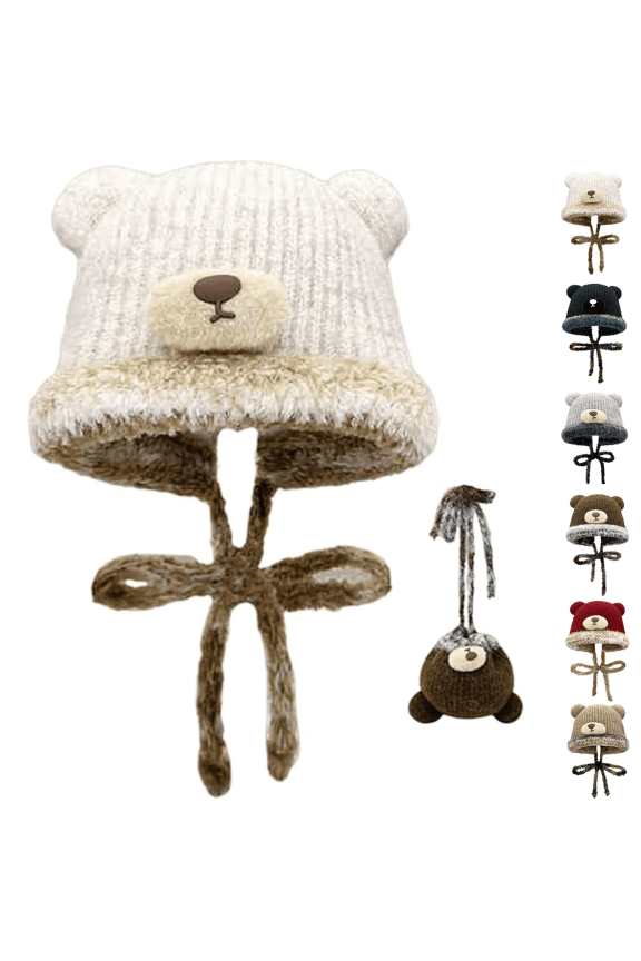 2-in-1 Winter Knit Beanie with Bear Ear Flaps - Convertible Warm Hat or Plush Storage Pouch for Women & Adults,Dual-Use Warm Headwear or Decorative Plush Pouch