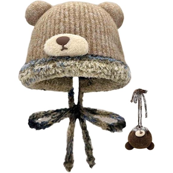 2-in-1 Winter Knit Beanie with Bear Ear Flaps - Convertible Warm Hat or Plush Storage Pouch for Women & Adults,Dual-Use Warm Headwear or Decorative Plush Pouch