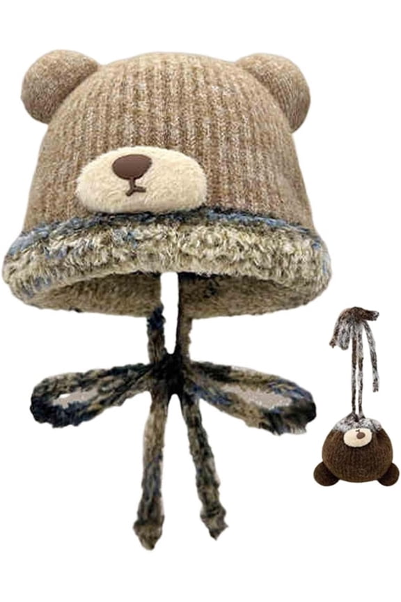 2-in-1 Winter Knit Beanie with Bear Ear Flaps - Convertible Warm Hat or Plush Storage Pouch for Women & Adults,Dual-Use Warm Headwear or Decorative Plush Pouch