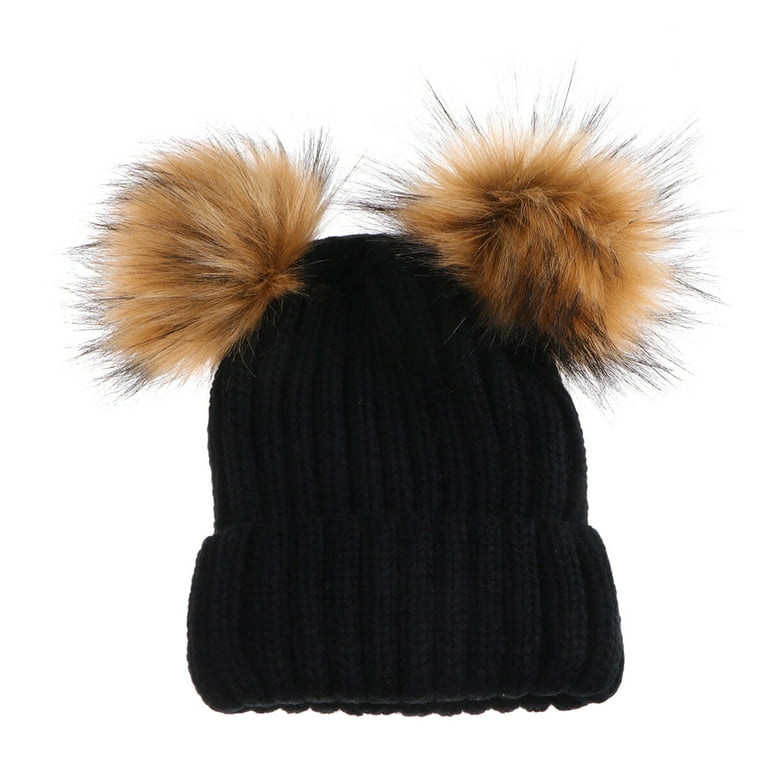 Winter Knit Beanie Hat with Double Pom Pom Ears for Women Girls (Black) 