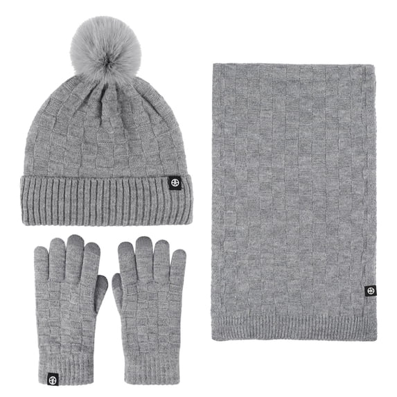 Winter Knit Beanie Scarf Gloves Set For Couples Plaid Flece Lined Hat And Matching Neck Warmer And Mittens