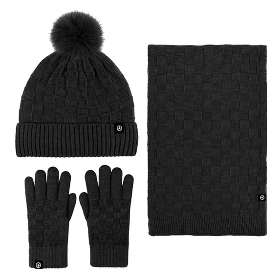 Winter Knit Beanie Scarf Gloves Set For Couples Plaid Flece Lined Hat And Matching Neck Warmer And Mittens