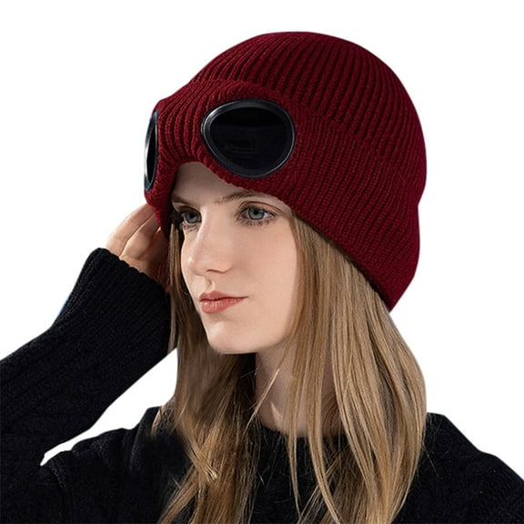 Winter Knit Beanie with Built-in Wind Glasses Outdoor Skiing Warm Wool Cap Creative Goggle Design Knitted Hat for Men and Women
