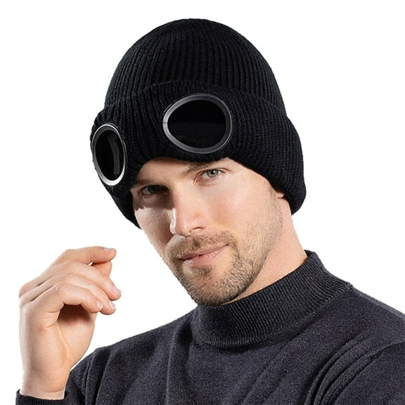 Winter Knit Beanie with Built-in Wind Glasses Outdoor Skiing Warm Wool Cap Creative Goggle Design Knitted Hat for Men and Women