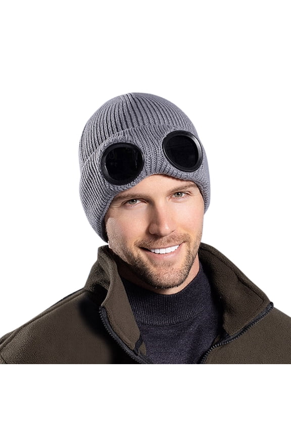 Winter Knit Beanie with Built-in Wind Glasses Outdoor Skiing Warm Wool Cap Creative Goggle Design Knitted Hat for Men and Women