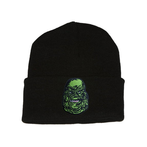Winter Knit Black Beanie Cuff Creature 3D Patch Embroidery