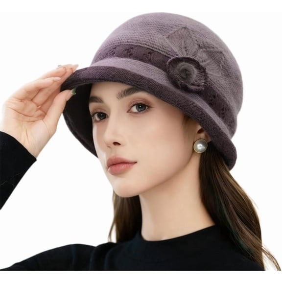 Winter Knit Bucket Bowler Hat with Flower Accent 1920s Vintage Cloche Cap Elegant Church Hat Padded Warm Knit Cap
