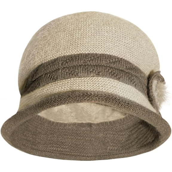 Winter Knit Bucket Bowler Hat with Flower Accent 1920s Vintage Cloche Cap Elegant Church Hat Padded Warm Knit Cap