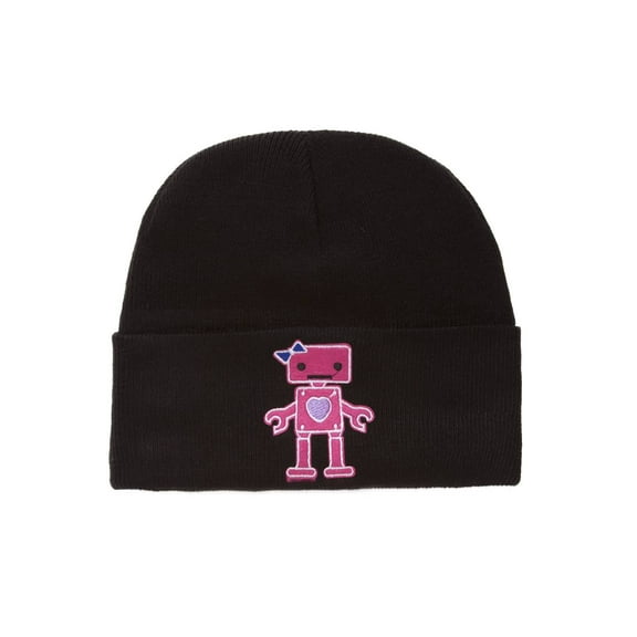 Winter Knit Cuffed Beanie Pink Robot Patch
