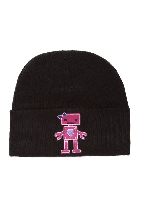Winter Knit Cuffed Beanie Pink Robot Patch