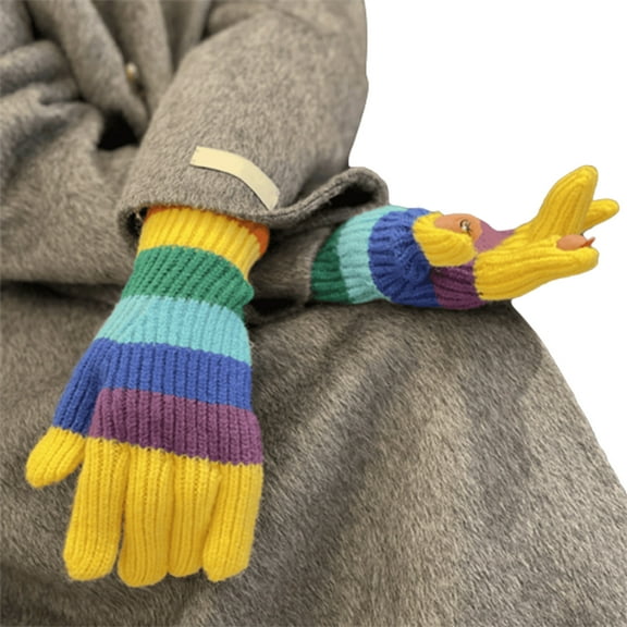 Winter Knit Gloves Couple Rainbow Color Striped Full Finger Gloves Thicken Outdoor Cycling Skiing Gloves Keep Warm