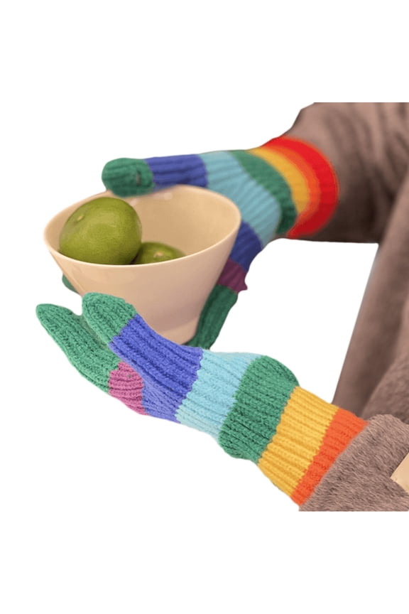 Winter Knit Gloves Couple Rainbow Color Striped Full Finger Gloves Thicken Outdoor Cycling Skiing Gloves Keep Warm