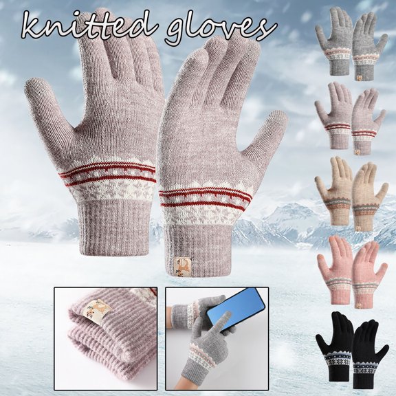 Winter Knit Gloves for Women Thermal Double Layer Jacquard Touchscreen Compatible