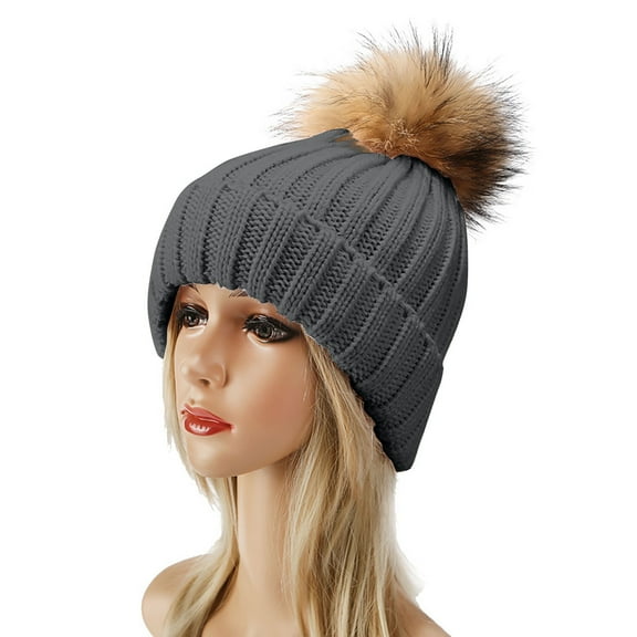 Winter Knit Hat with Faux Fur Pom Pom, Warm Wool Blend Beanie for Men and Women, Soft Stretchable Cold Weather Hat with Plush Ball, Unisex Outdoor Ski Cap for Autumn and Winter Seasons Dark Gray