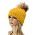 thumbnail image 1 of Winter Knit Hat with Faux Fur Pom Pom, Warm Wool Blend Beanie for Men and Women, Soft Stretchable Cold Weather Hat with Plush Ball, Unisex Outdoor Ski Cap for Autumn and Winter Seasons Yellow, 1 of 5