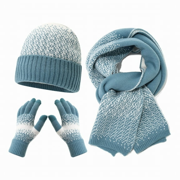 Winter Knit Hat Scarf Gloves 3-Piece Set for Men Women, Thermal Fleece Lined Beanie with Color Block Brim, Warm Matching Accessories for Cold Weather, Unisex Thermal Set for Outdoor Activities Blue
