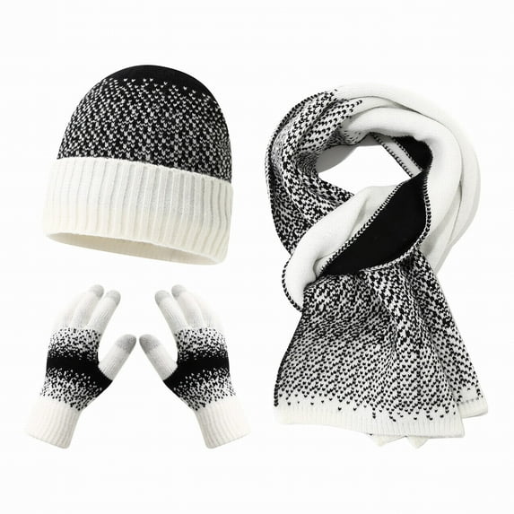 Winter Knit Hat Scarf Gloves 3-Piece Set for Men Women, Thermal Fleece Lined Beanie with Color Block Brim, Warm Matching Accessories for Cold Weather, Unisex Thermal Set for Outdoor Activities White