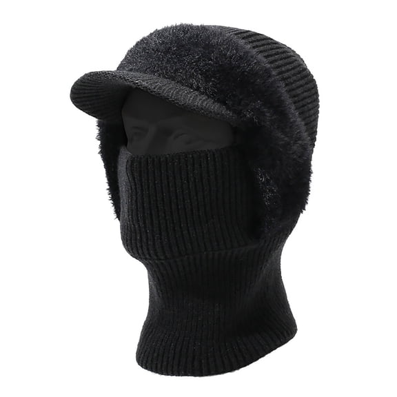 Winter Knit Hat and Scarf Set for Women and Men, Fleece Lined Striped Beanie with Face Cover, Warm Two-Piece Knitted Set for Skiing, Outdoor Activities and Cold Weather - Black