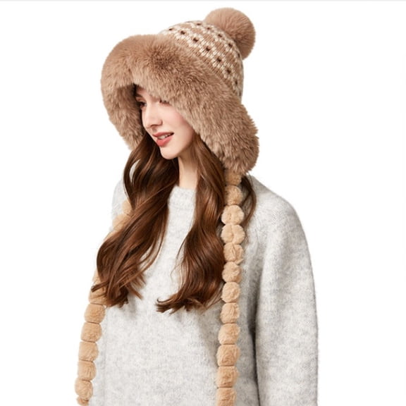 Winter Knit Hat Women Warm Fleece Lined Beanie Cute Ear Cover Thick Knitted Cap