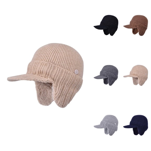 Winter Knit Hat with Full Head and Ear Coverage, Thermal Insulated Beanie with Visor and Lining for Outdoor Activities and Winter Sports