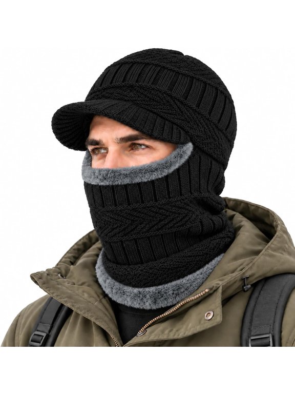 Winter Knit Hat with Visor Face Cover & Neck Warmer, Fleece Lined Balaclava Hat Windproof Winter Face Mask for Outdoor Skiing Hiking Cycling