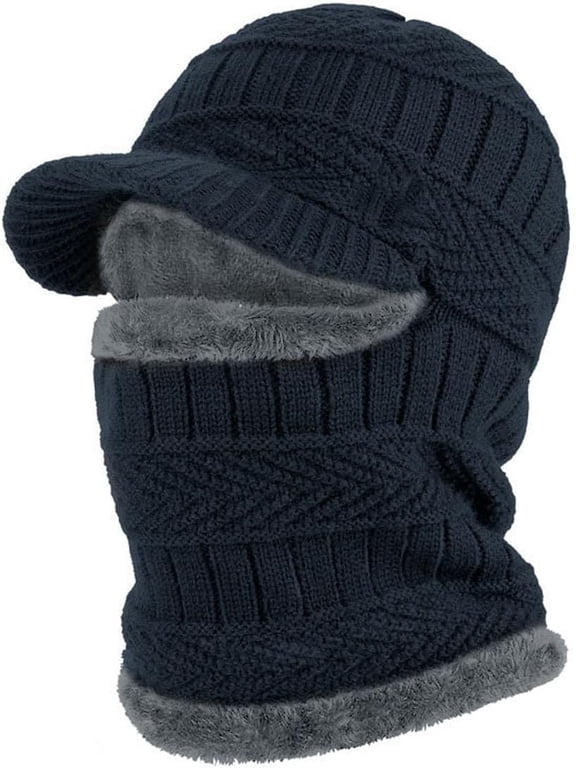 Winter Knit Hat with Visor Face Cover & Neck Warmer, Fleece Lined Winter Hat, Ear Flap Beanie for Men Women Outdoor