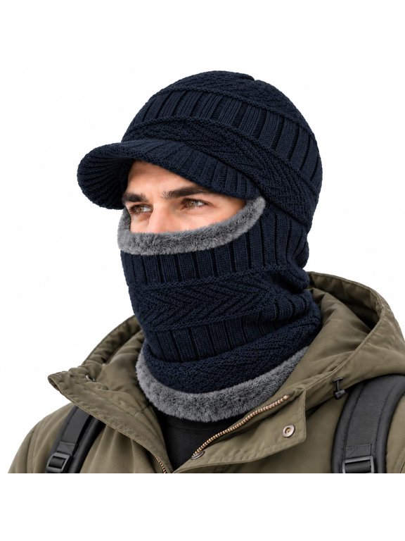 Winter Knit Hat with Visor Face Cover & Neck Warmer, Warm One Piece Flannel Mask Hat for Skiing Hiking Cycling