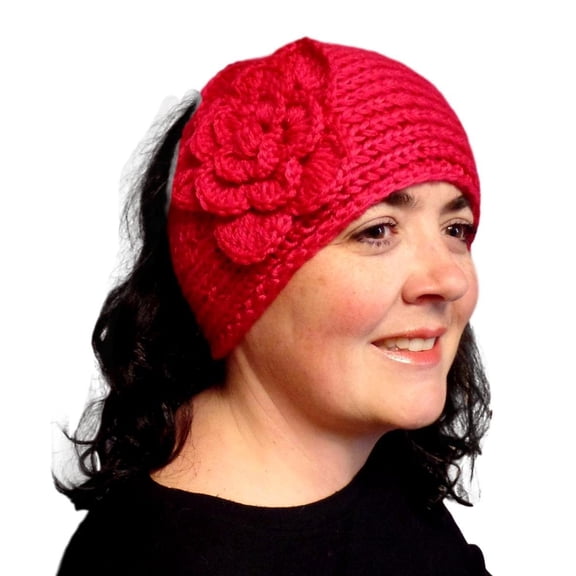 Winter Knit Headband Wrap for Women - Crochet Flower Applique Fuschia