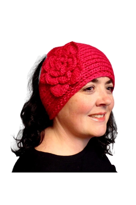 Winter Knit Headband Wrap for Women - Crochet Flower Applique Fuschia