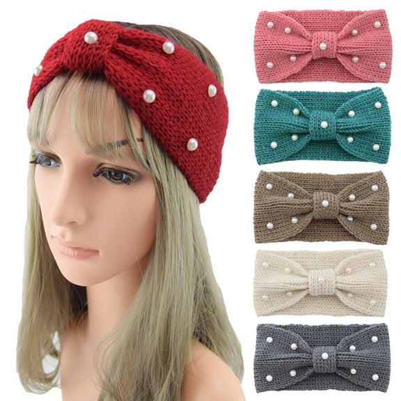 Winter Knit Headbands Chunky Knit Headbands,Elastic Turban Head Wraps Pearl Crochet Hair Band, Ear Warmer Crochet Head Wraps for Women Girls White