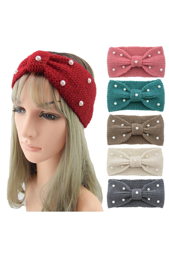 Winter Knit Headbands Chunky Knit Headbands,Elastic Turban Head Wraps Pearl Crochet Hair Band, Ear Warmer Crochet Head Wraps for Women Girls White