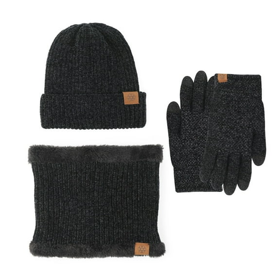 Winter Knit Set, Fleece Lined Slouchy Beanie, Warm Neck Warmer & Gloves, Men's & Women's 3-Piece Cold Weather Set, Matching Accessories Black