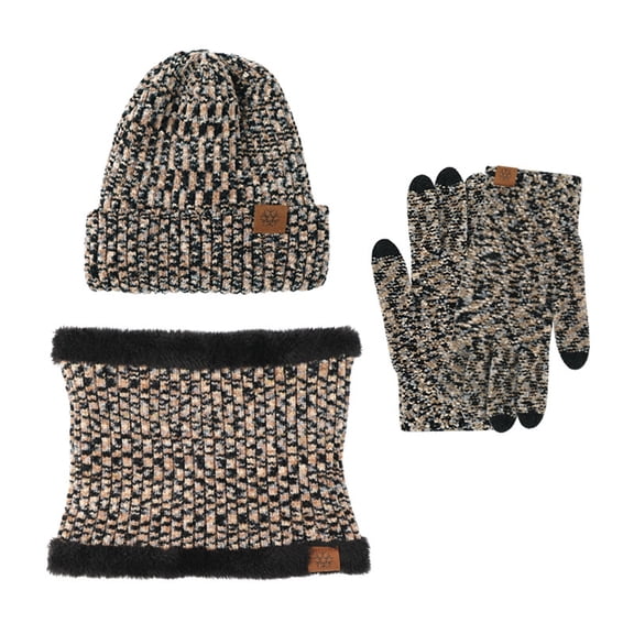 Winter Knit Set, Fleece Lined Slouchy Beanie, Warm Neck Warmer & Gloves, Men's & Women's 3-Piece Cold Weather Set, Matching Accessories Brown