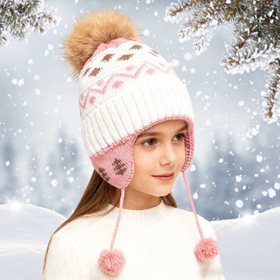 Winter Knit Trapper Hat for Kids Warm Earflap Cap with Pom Pom Top and Matching Ties Fleece Lined for Toddlers