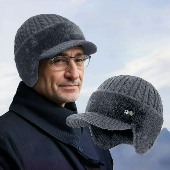 Winter Knitted Baseball Beanie with Ear Flaps, Thermal Fleece Lined Windproof Thermal Hat for Men, Outdoor Cycling Skiing Running and Cold Weather Activities - Dark Gray