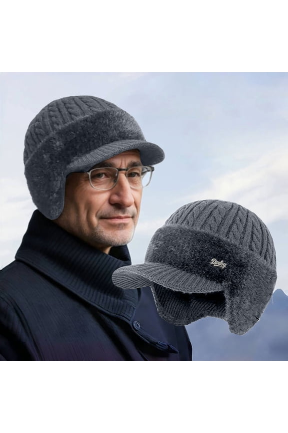 Winter Knitted Baseball Beanie with Ear Flaps, Thermal Fleece Lined Windproof Thermal Hat for Men, Outdoor Cycling Skiing Running and Cold Weather Activities - Dark Gray