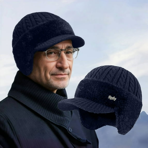 Winter Knitted Baseball Beanie with Ear Flaps, Thermal Fleece Lined Windproof Thermal Hat for Men, Outdoor Cycling Skiing Running and Cold Weather Activities - Navy